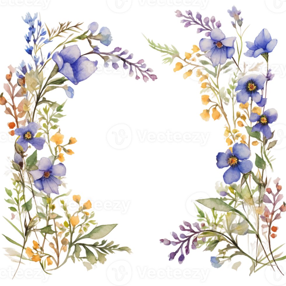 round frame of flowers and leaves in two side leaving huge blank white space, negative space for text, watercolor clipart isolated ai generated png