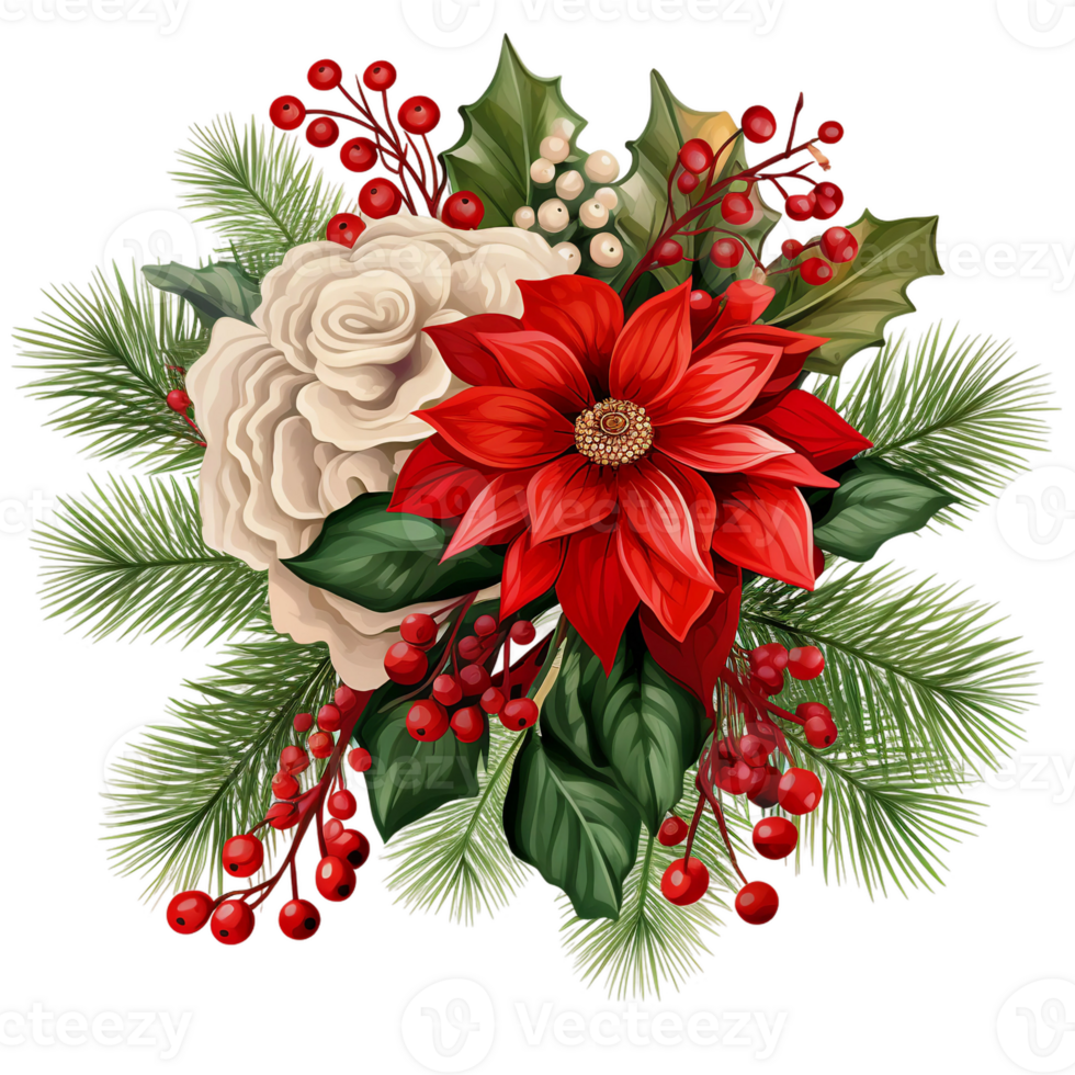 christmas flowers with poinsettia, white rose,  red cherry, holy leaf and pine tree leaves ai generated png