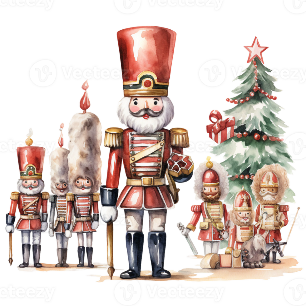 group of christmas nutcracker with different soldier costume watercolor illustration isolated ai generated png