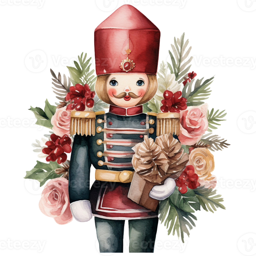 christmas nutcracker with traditional soldier outfit in a festive decor, isolated watercolor clipart ai generated png