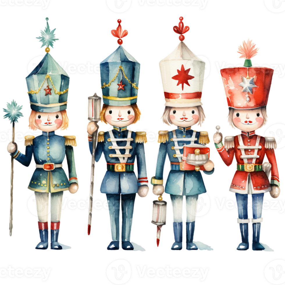 four christmas nutcracker in different soldier dress isolated watercolor clipart ai generated png
