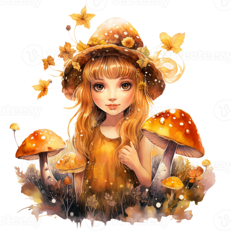 fille avec champignons, l'automne tomber Fée aquarelle clipart ai généré png