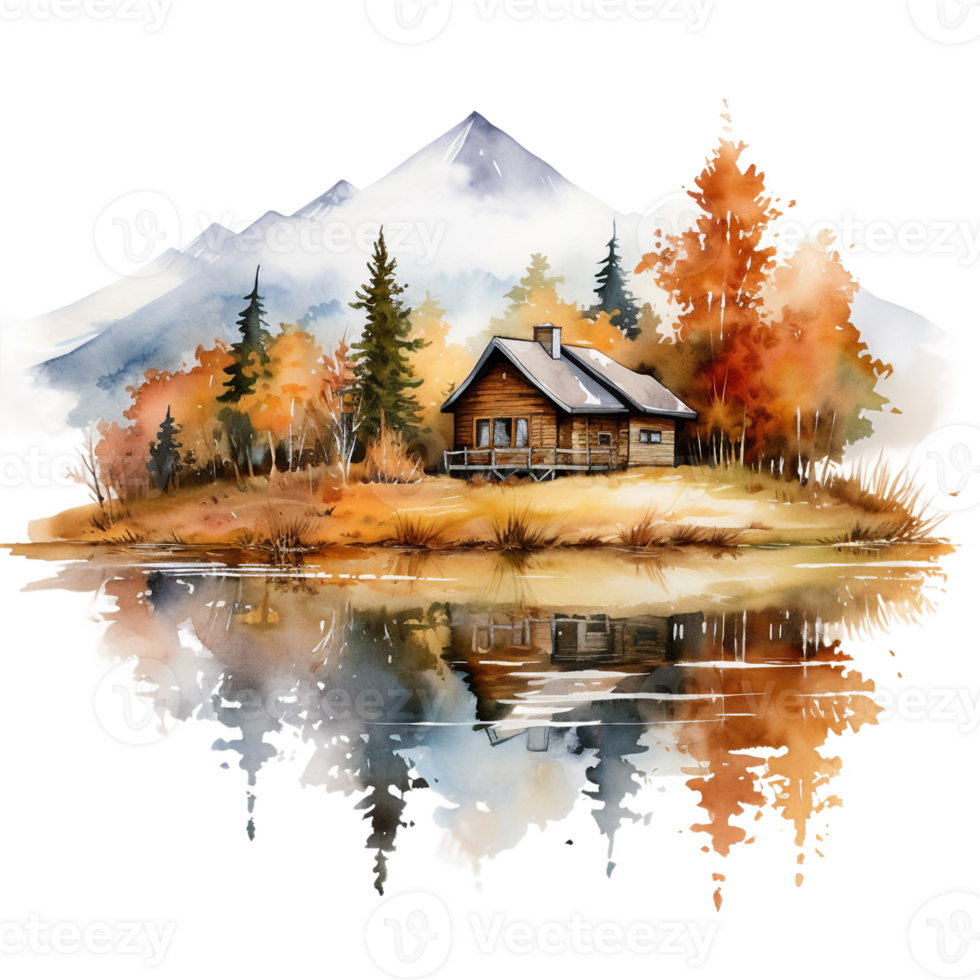 autumn house in the mountains and lake ai generative png