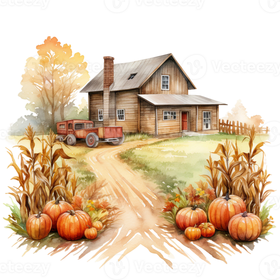 autumn still life with pumpkin and farmhouse ai generative png