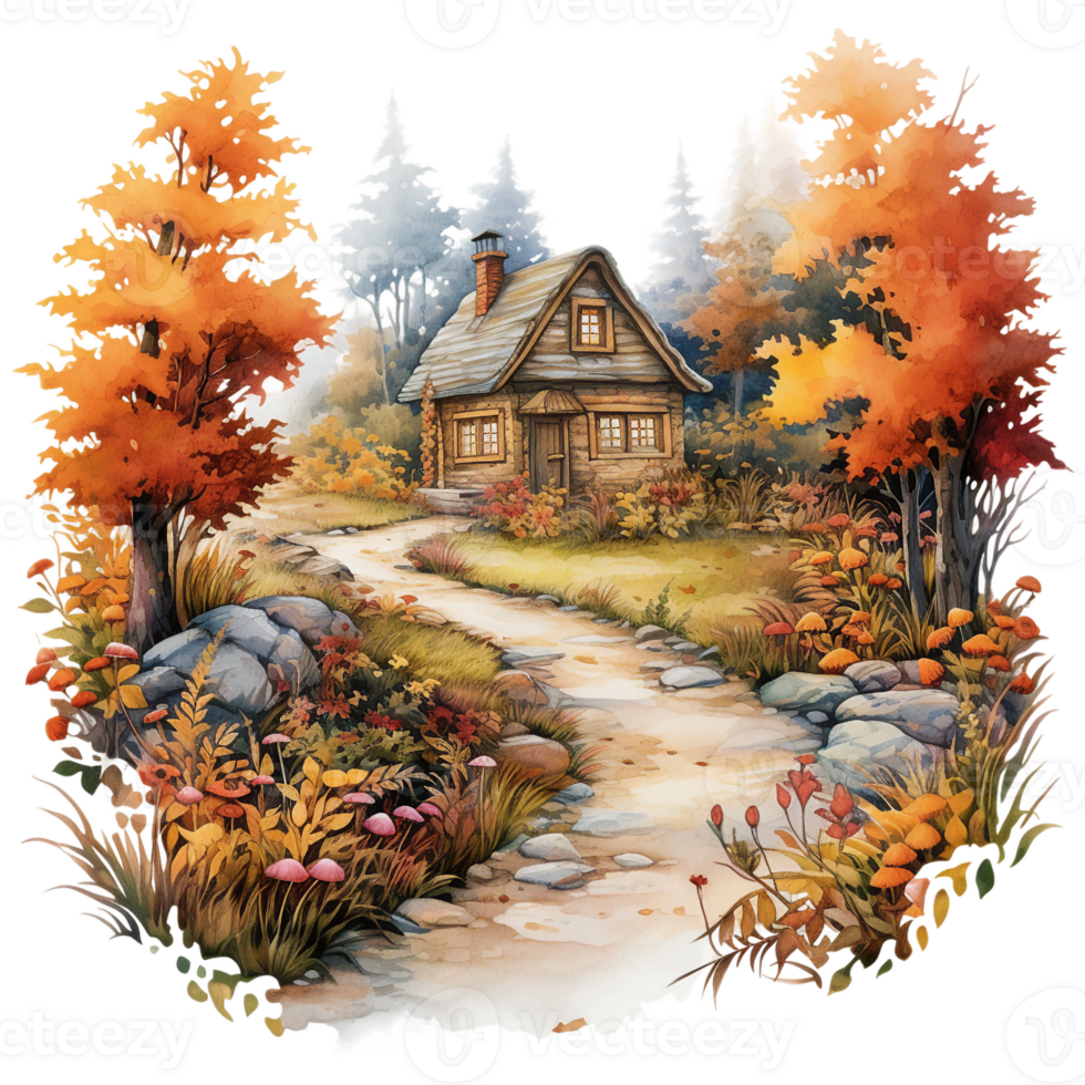 Herbst fallen Haus im Herbst Wald ai generativ png