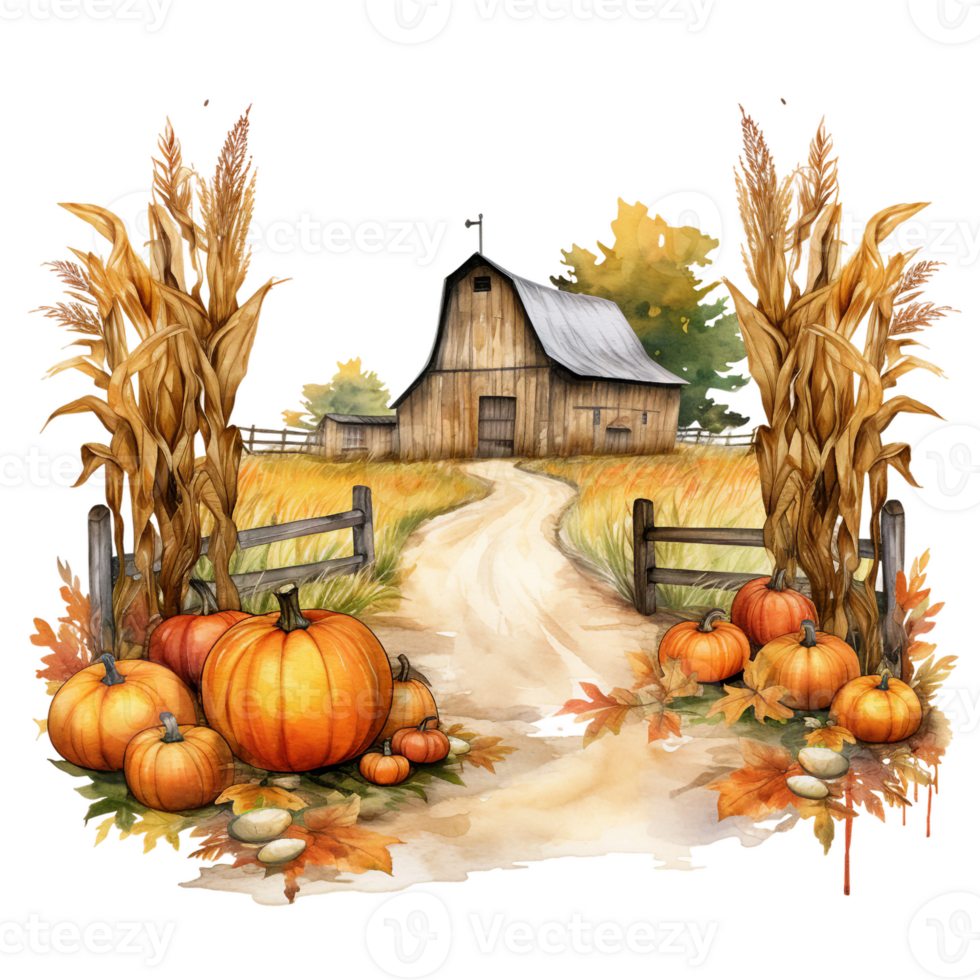 pumpkins and corn in front of a farmhouse and rustic barn house ai generative png
