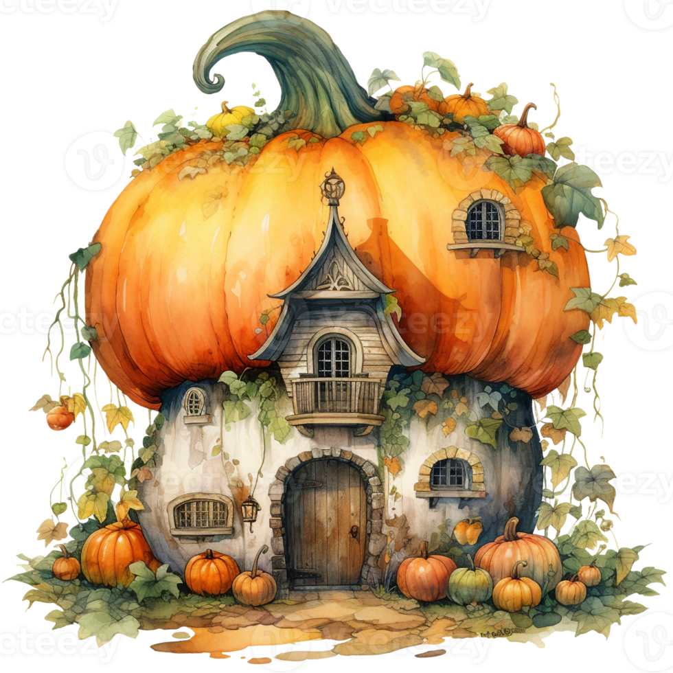 otoño hojas y vides, otoño calabaza hada casa gótico, acuarela ilustración aislado ai generado png