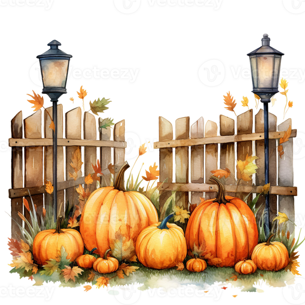 halloween pumpkin and lantern on a wooden fence ai generated png