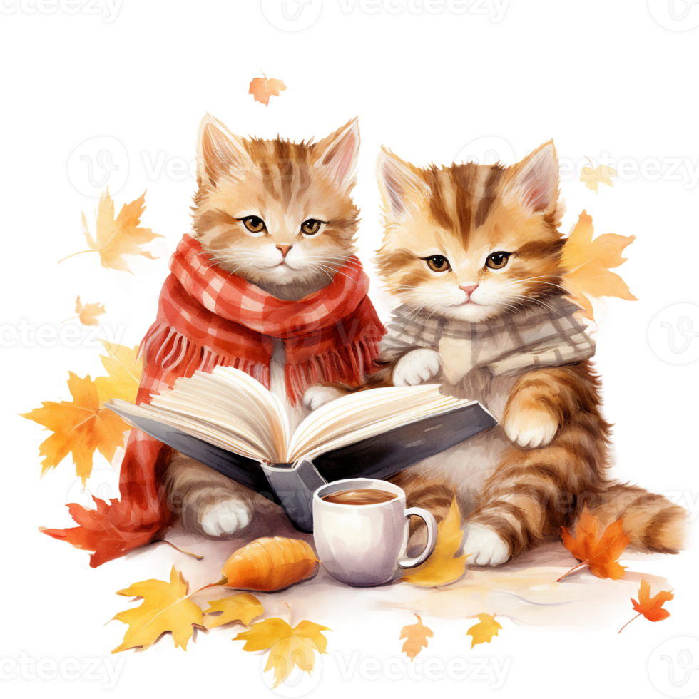 two cute cat reading books, falling leaves, cozy autumn watercolor illustration isolated ai generated png