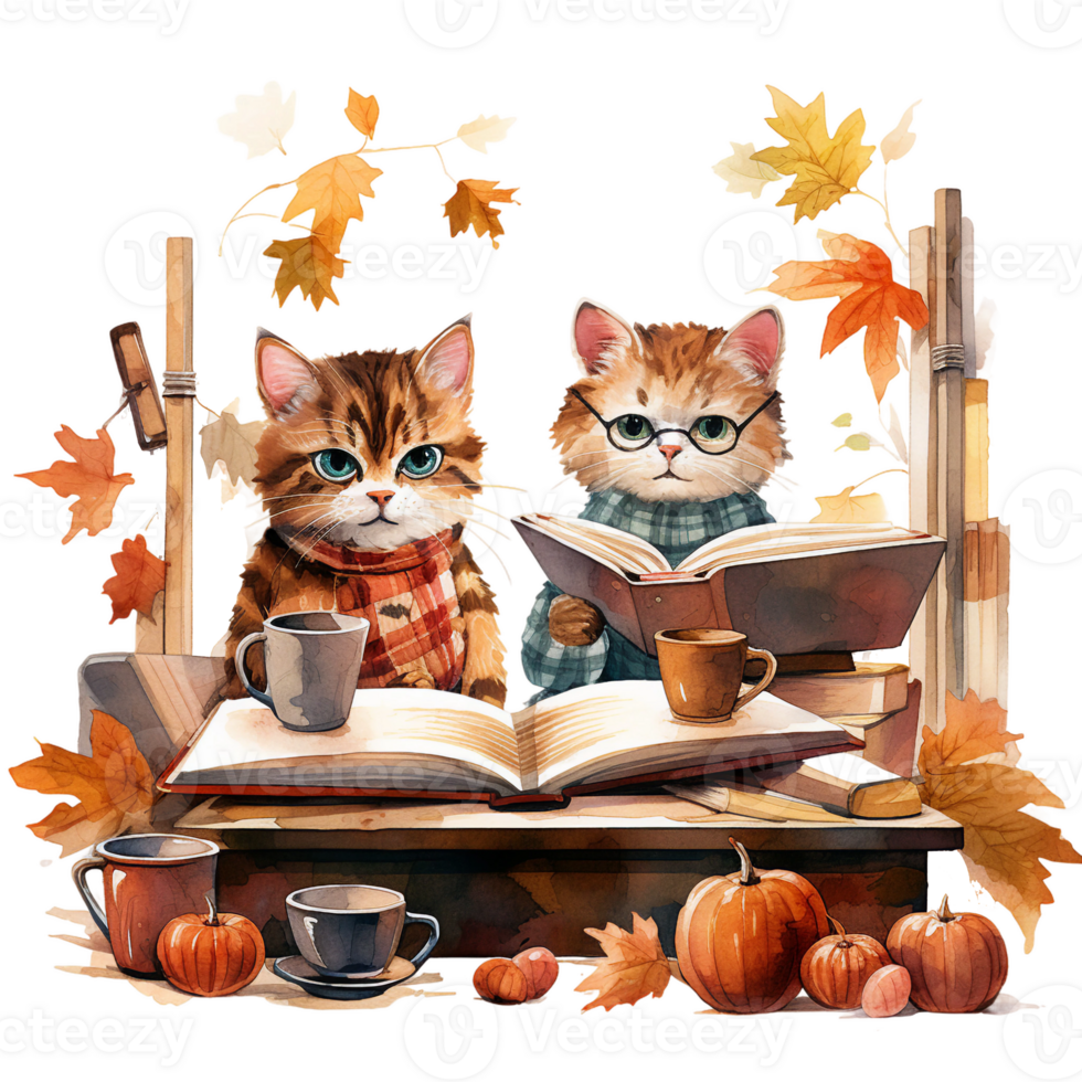Tow cats with coffee and reading book, fall leaves, cozy autumn watercolor illustration isolated ai generated png