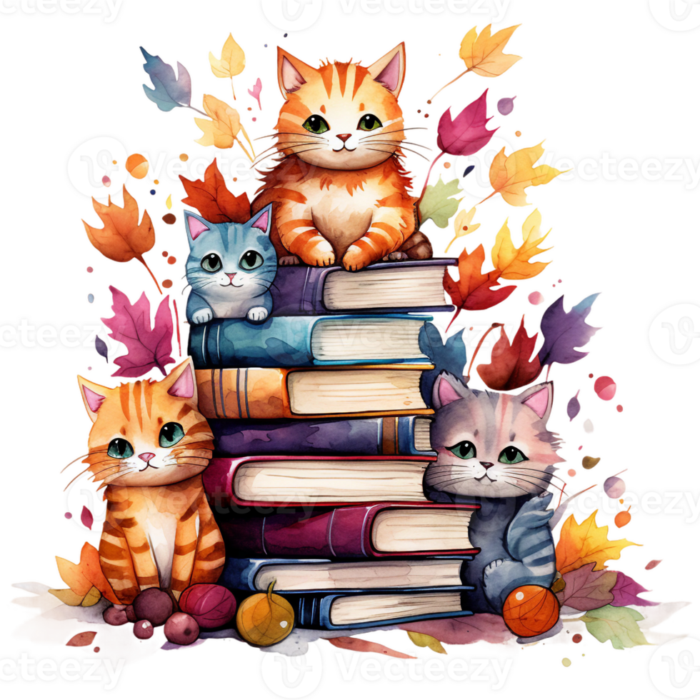 cats with stack of books, autumn fall leaves, cozy watercolor illustration isolated ai generated png