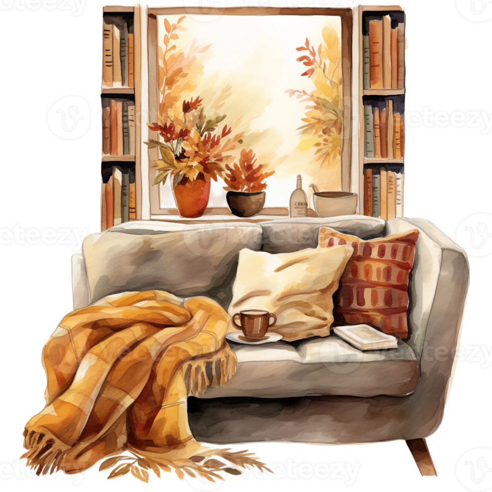 autumn fall scene through window of sofa and living room interior, watercolor illustration, cozy nooks isolated ai generated png
