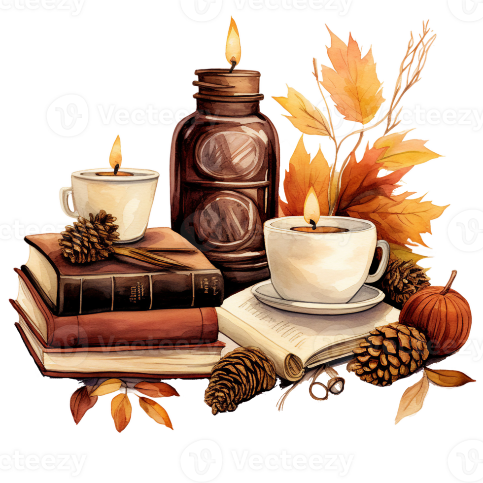still life with coffee and candle, books and fall leaves, watercolor illustration, cozy nooks isolated ai generated png