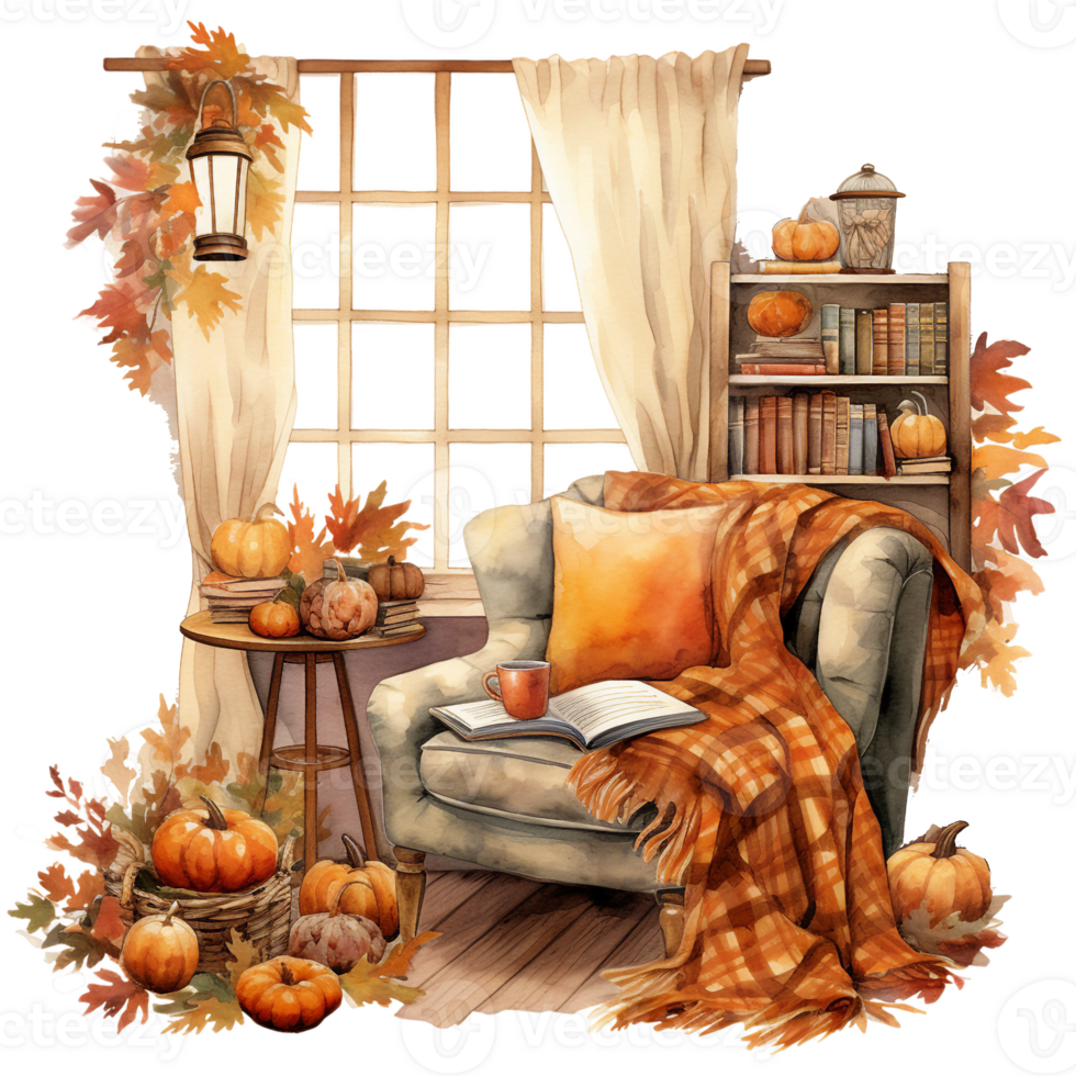 autumn still life with flowers and a morning view through the window, fall leaves, watercolor illustration, cozy nooks isolated ai generated png