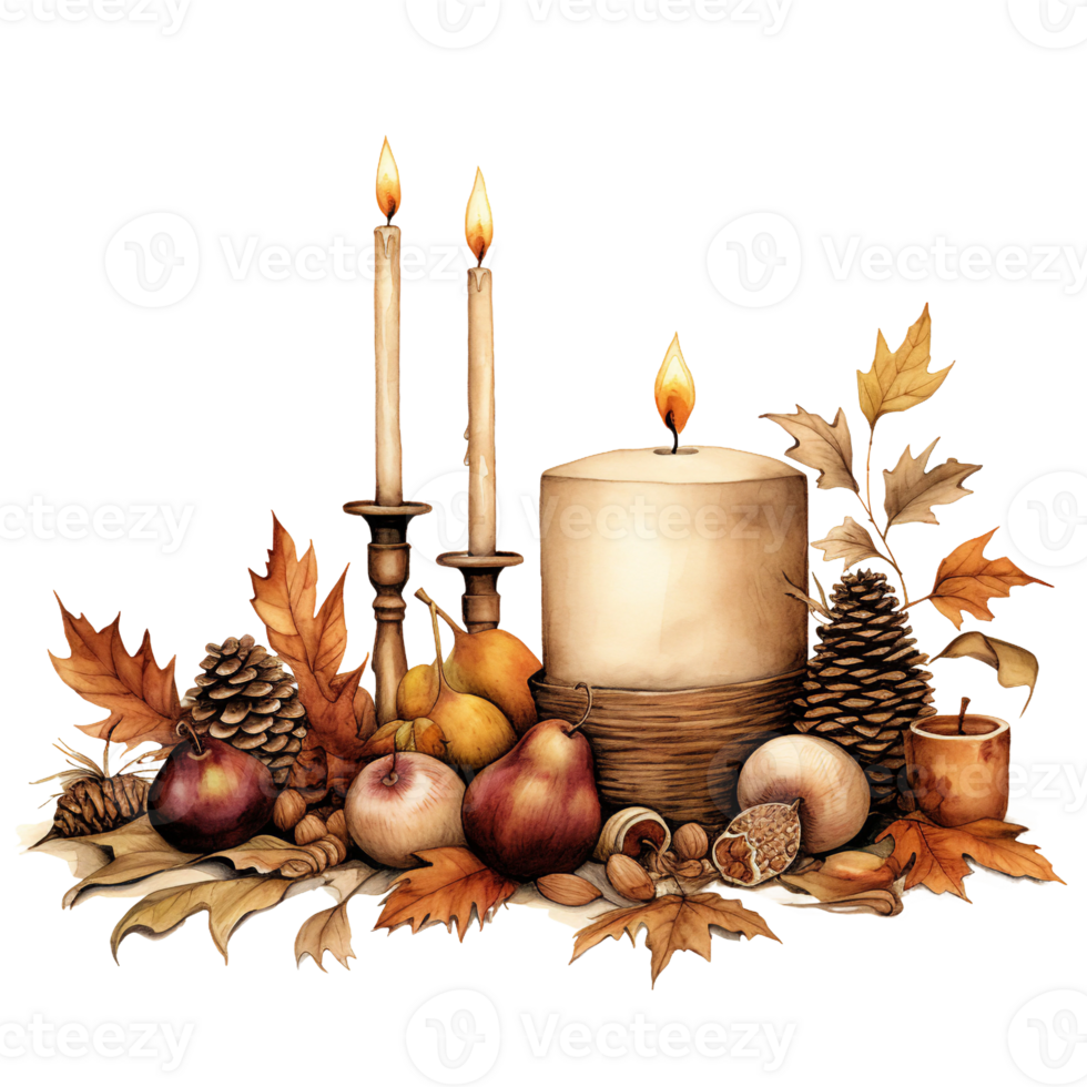 autumn still life with candle and acorns, watercolor illustration, cozy nooks isolated ai generated png