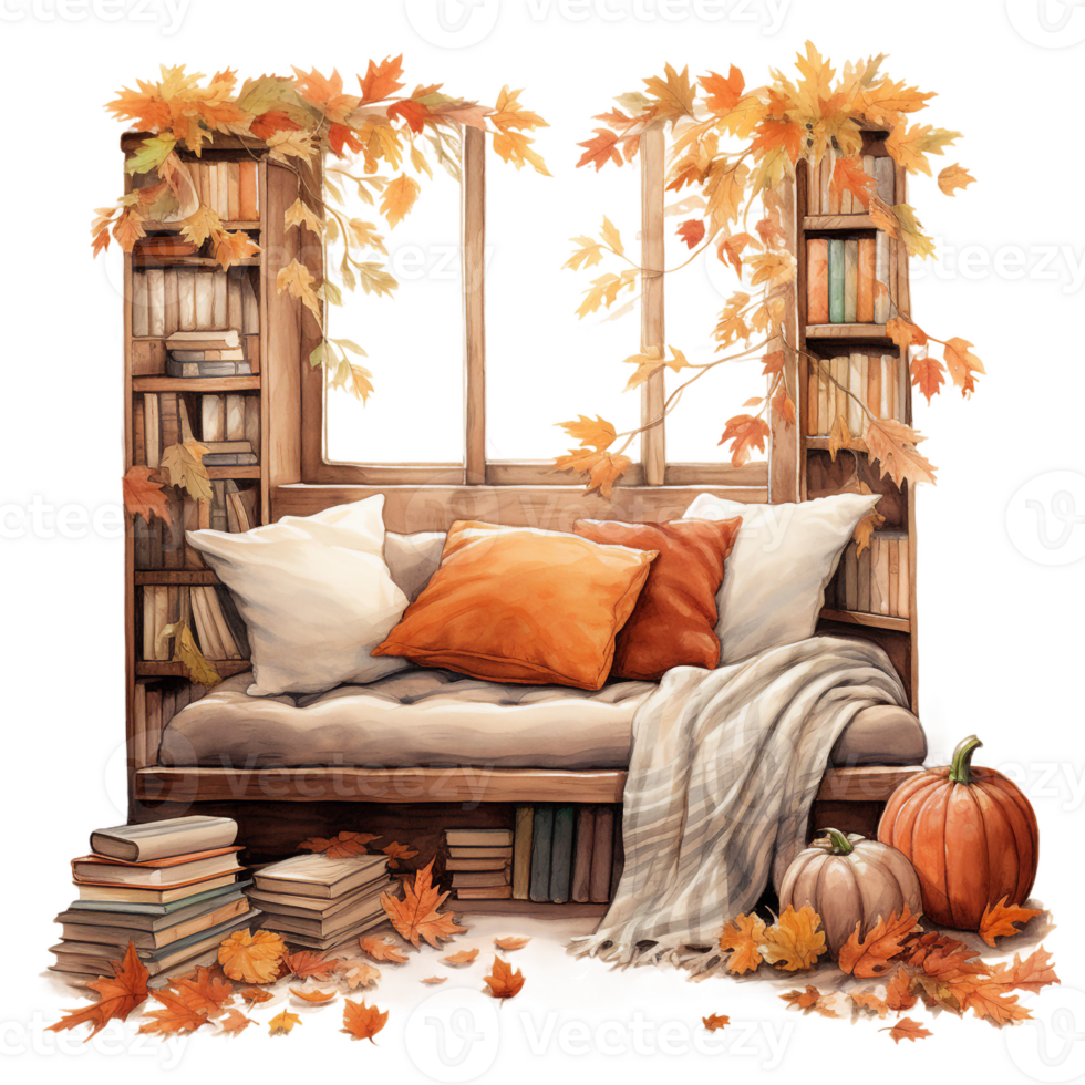 pumpkins in a bedroom, cozy autumn nooks, reading corner, watercolor illustration isolated ai generated png