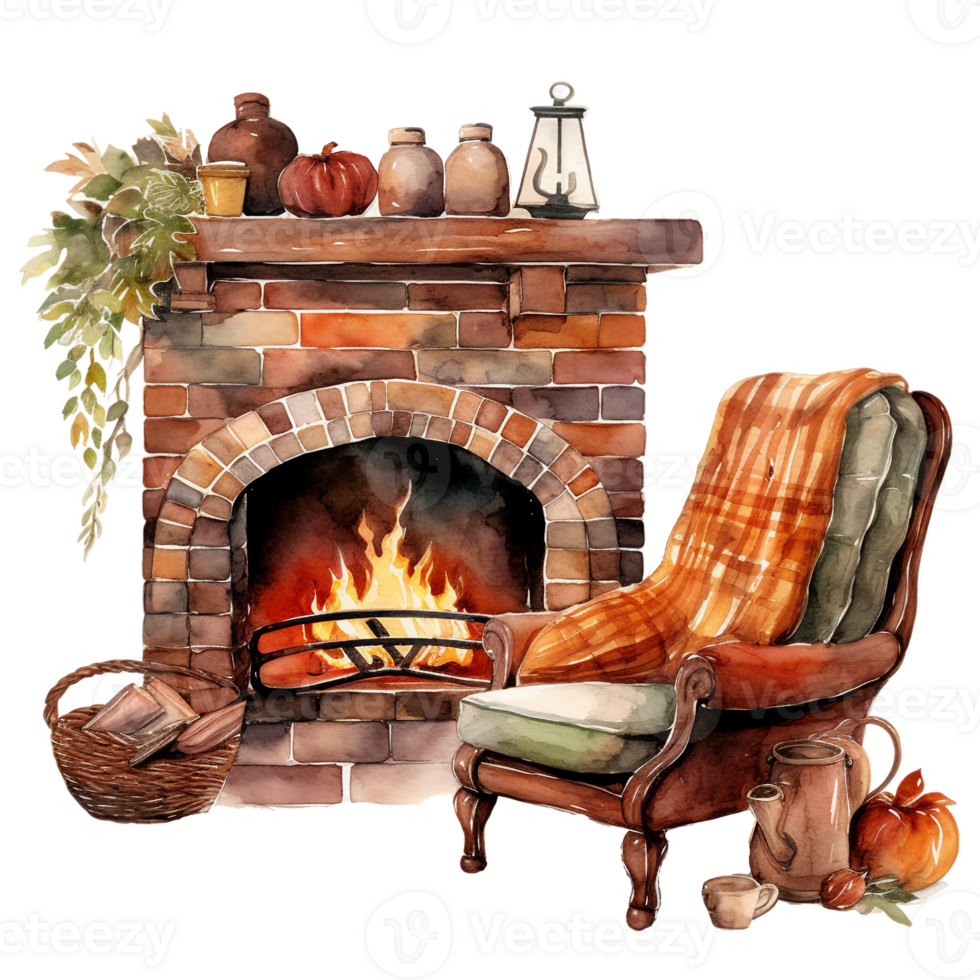 wood burning stove with fireplace, a sofa, cozy autumn nooks, reading corner, watercolor illustration isolated ai generated png