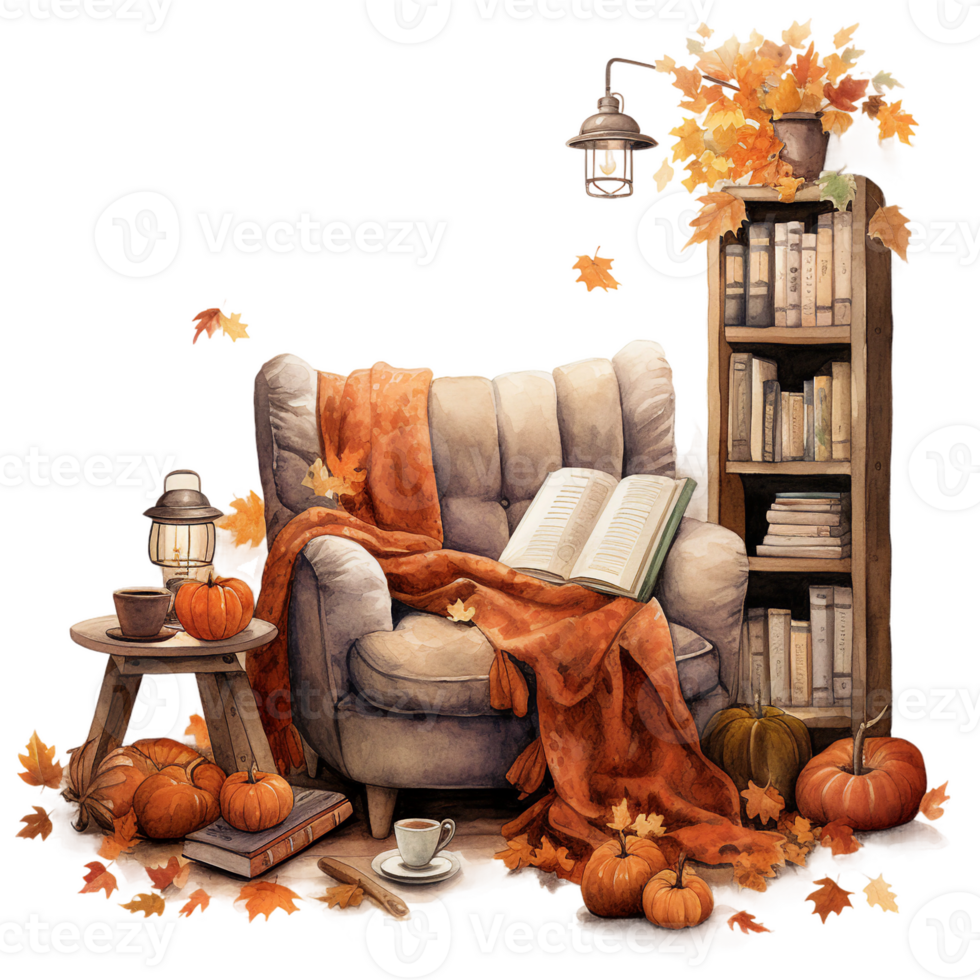 autumn still life with a sofa, cozy autumn nooks, reading corner, watercolor illustration isolated ai generated png