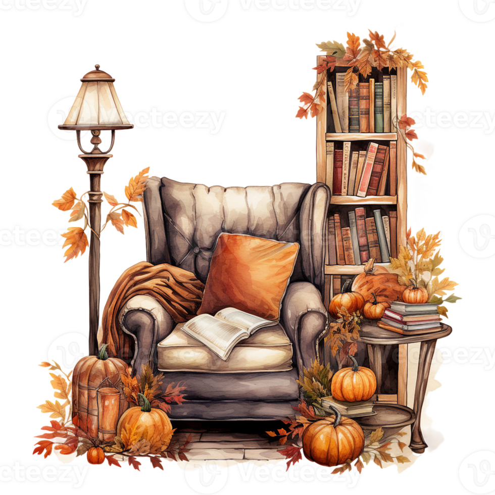 autumn still life with pumpkin and leather armchair, bookshelf, lamp. watercolor cozy autumn illustration isolated ai generated png