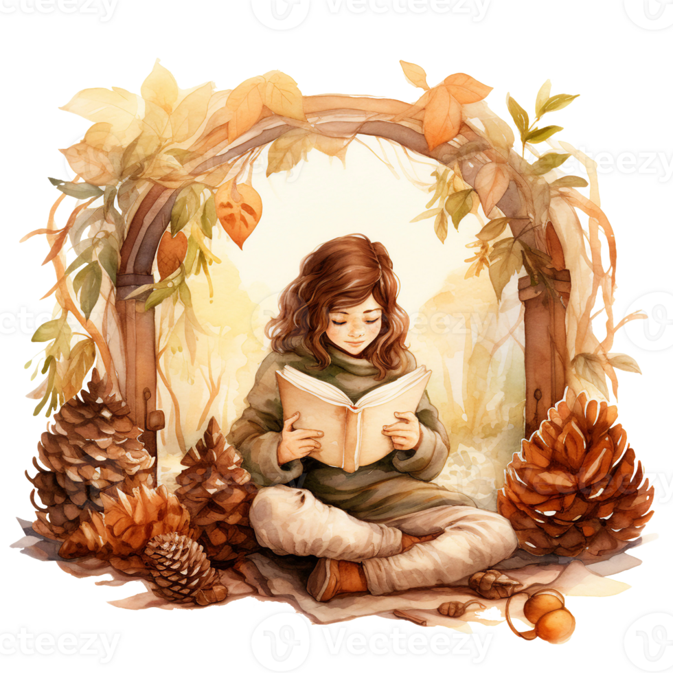 woman in a coat reading book, fall leaves, watercolor cozy autumn illustration isolated ai generated png