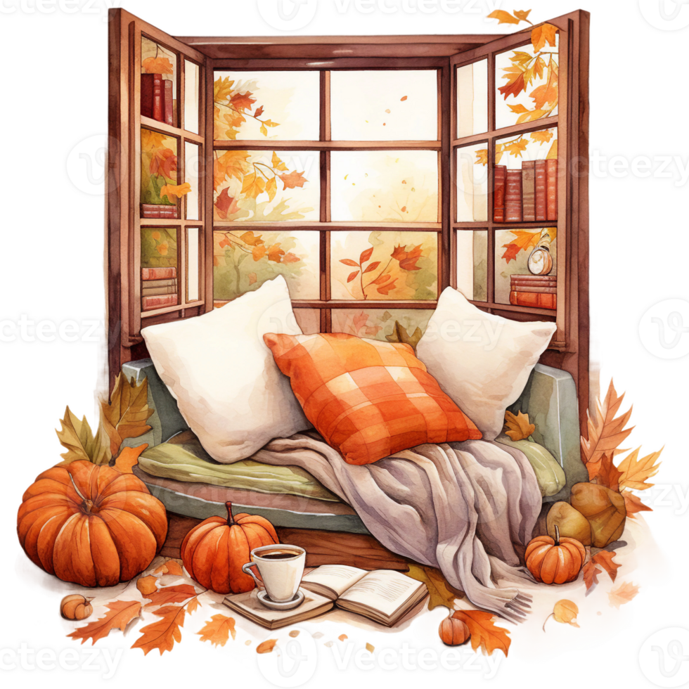 interior of a bedroom with fall leaves and flowers, cozy autumn nooks, reading corner, watercolor illustration isolated ai generated png