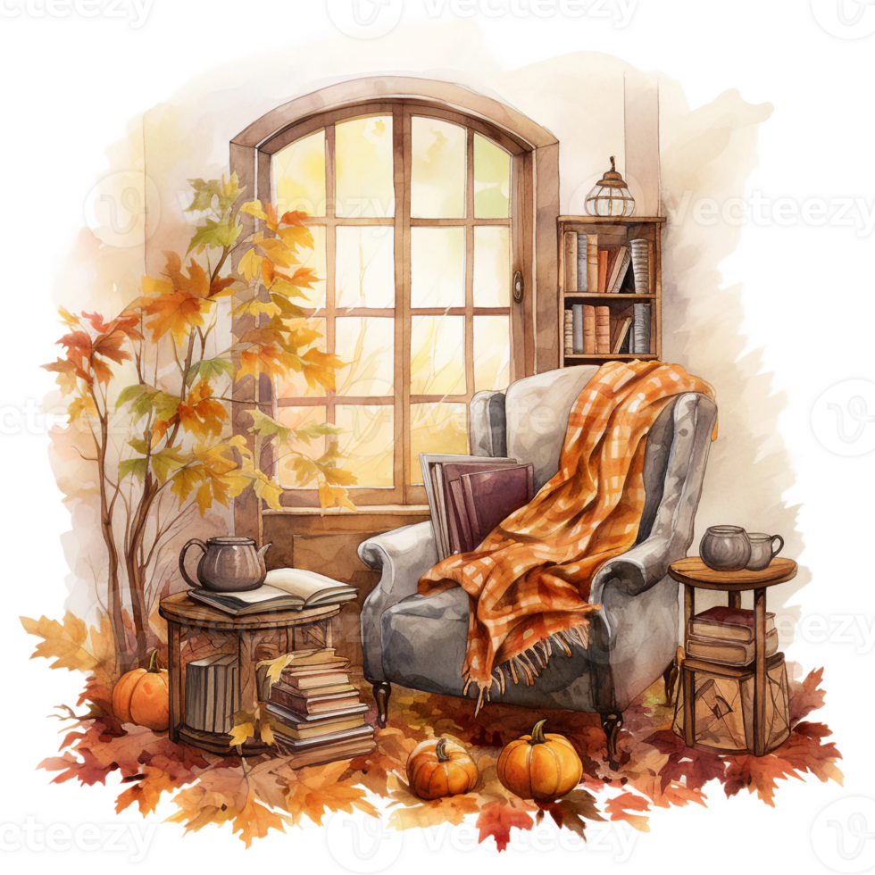 autumn still life with leaves, reading room, cozy watercolor illustration of bed room, isolated ai generated png