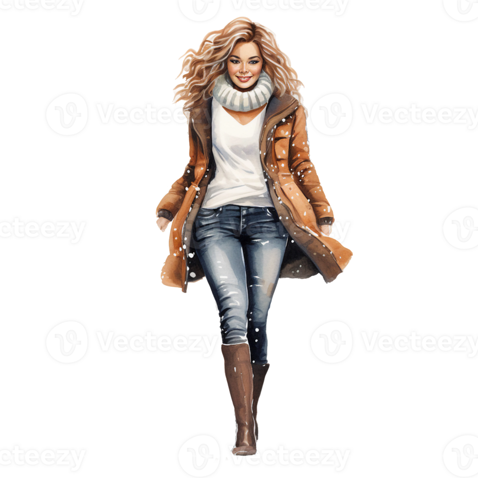 full body of plus size woman fashion, watercolor cozy autumn fall fashion illustration clipart isolated ai generated, png