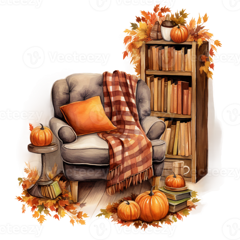 leather armchair and bookshelf, watercolor cozy autumn illustration isolated, fall leaves ai generated png