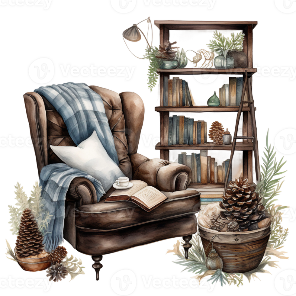 autumn reading room with bookshelf, sofa and book, watercolor cozy illustration isolated ai generated png