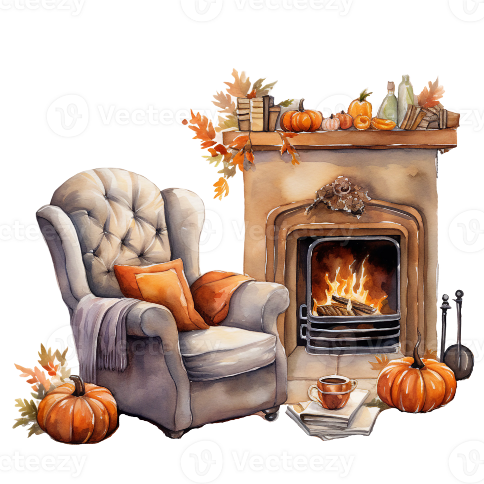 bedroom with sofa, fireplace and pumpkin, fall leaves. cozy autumn nooks, reading corner, watercolor illustration isolated ai generated png