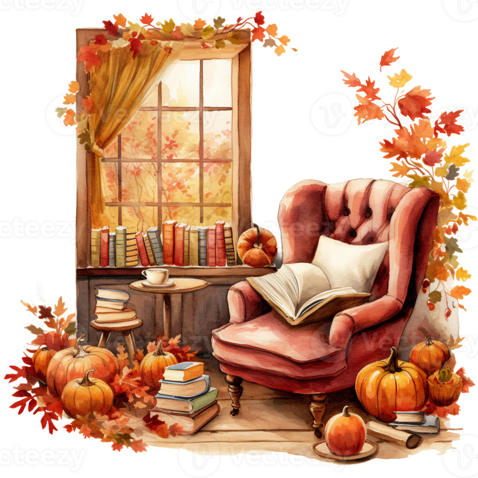 autumn still life with pumpkins, fall leaves, sofa and books. watercolor cozy autumn illustration isolated ai generated png