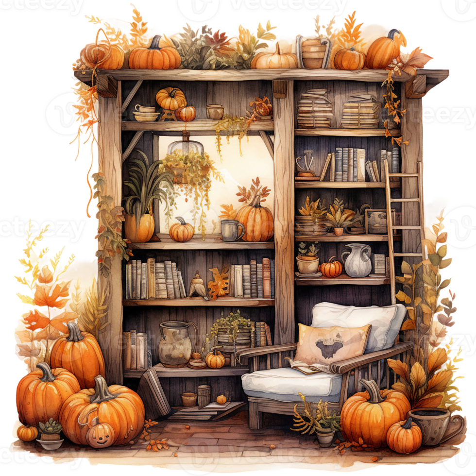 pumpkins and gourds with a bookshelf, cozy autumn nooks, reading corner, watercolor illustration isolated ai generated png