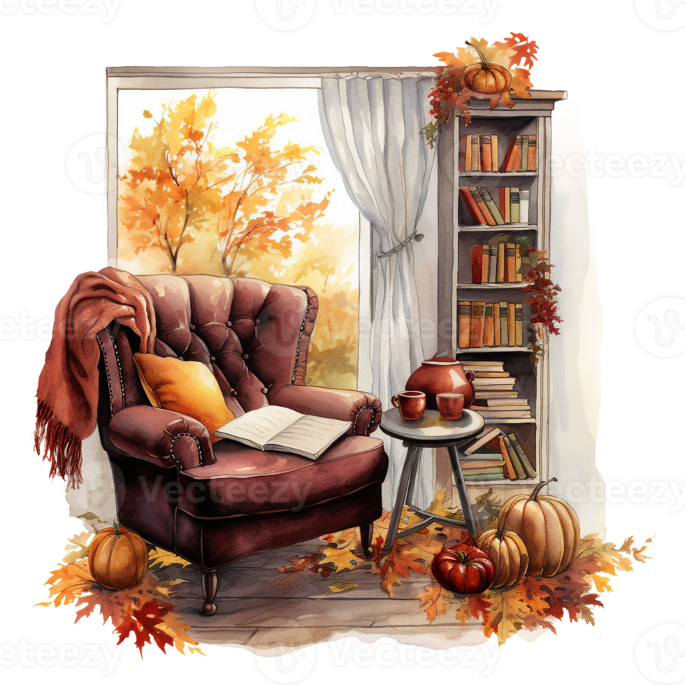 living room interior with bookshelf, fall scene through window, burgundy sofa and book, watercolor cozy autumn illustration isolated ai generated png