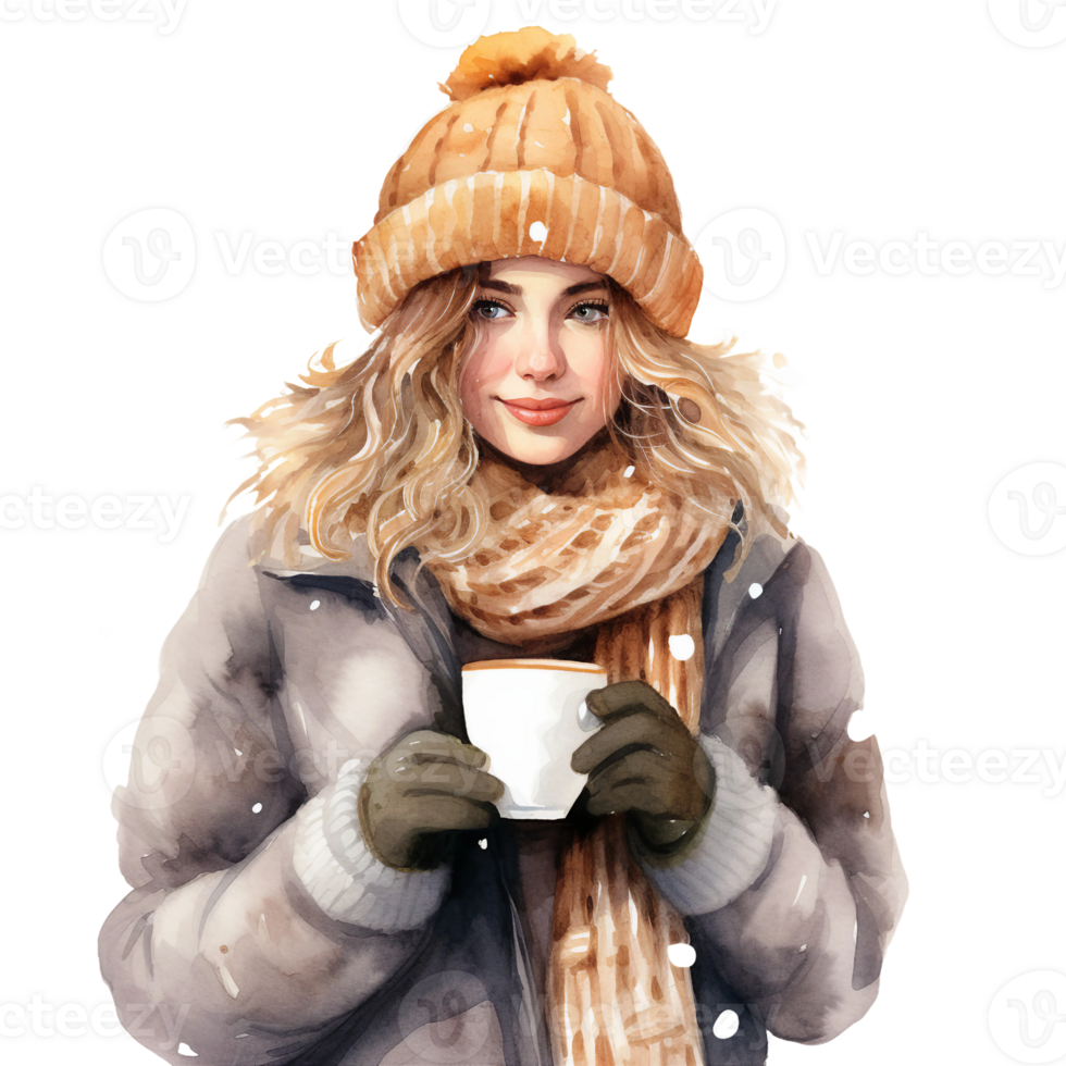 plus size woman with slouchy hat holding coffee cup and wear sweater, watercolor cozy autumn fall fashion illustration clipart isolated ai generated, png
