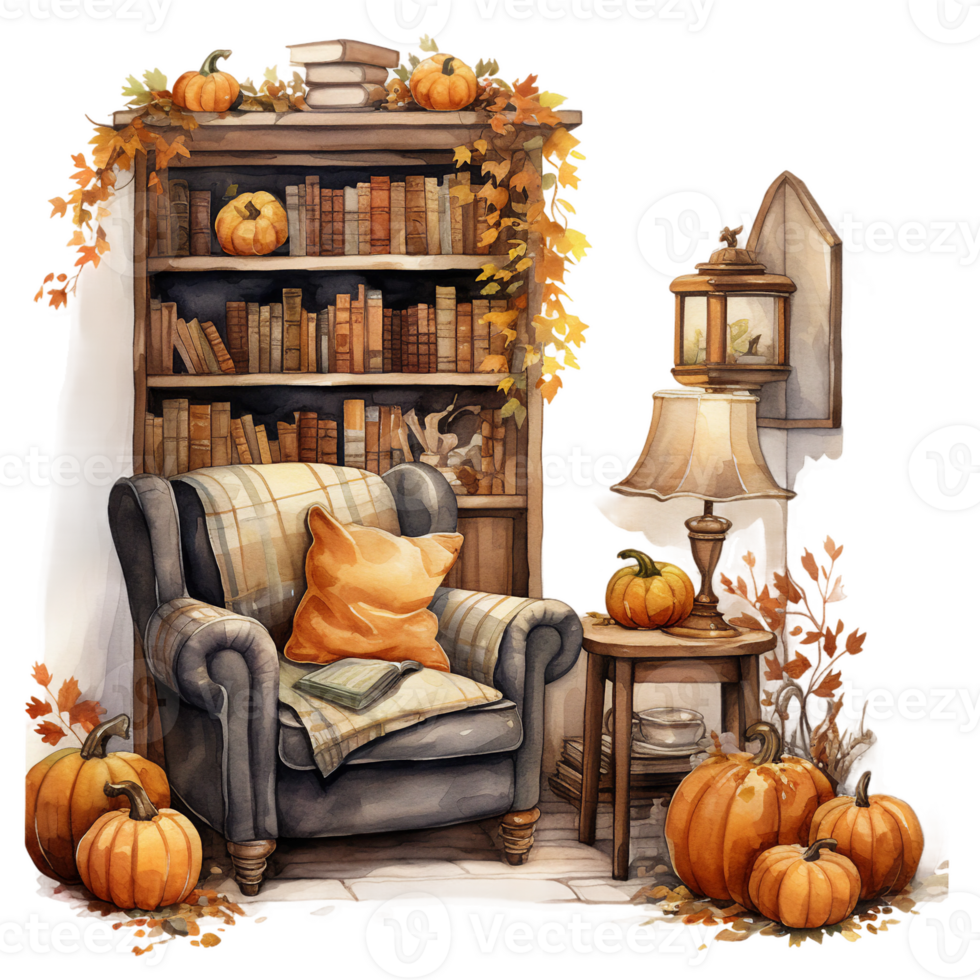 halloween pumpkin on the floor, bookshelf, sofa with pillow, lamp, watercolor cozy autumn illustration isolated ai generated png