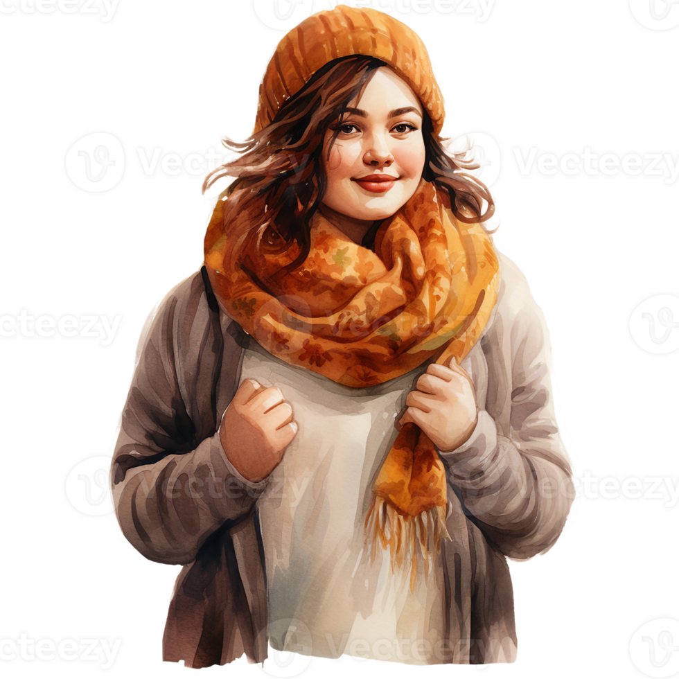 plus size woman fashion, watercolor cozy autumn fall fashion illustration clipart isolated ai generated, png