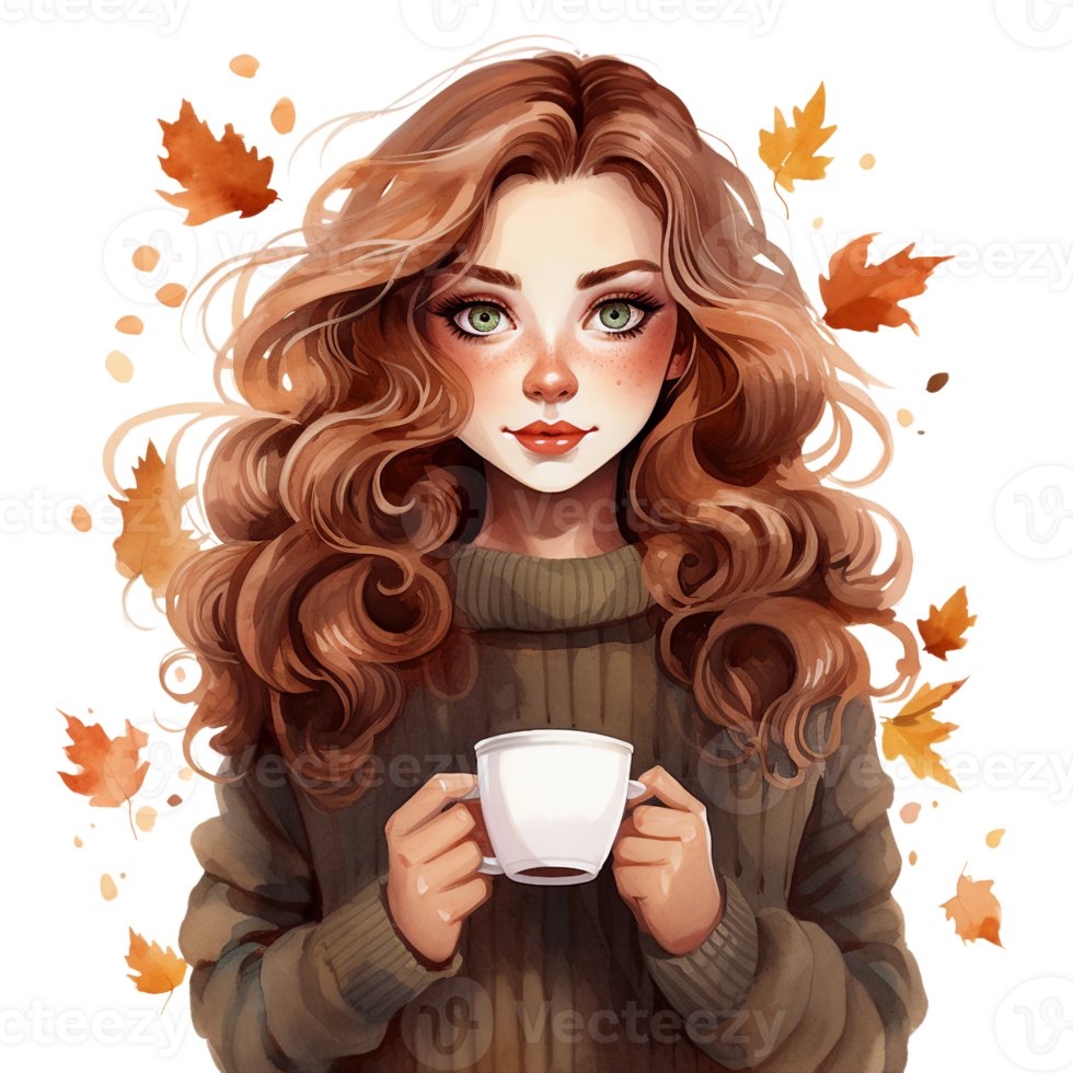 girl with cup of coffee wear sweater, cozy autumn and fall leaves, watercolor illustration clipart isolated ai generated png