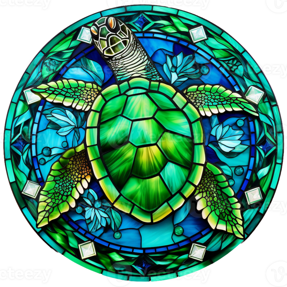 stained glass sea turtle glowing translucent green, round shape isolated ai generated png