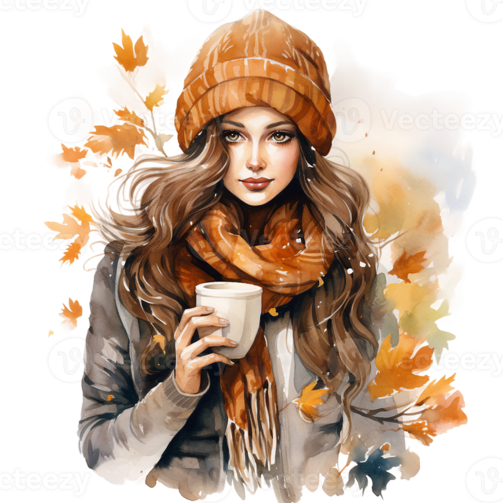 woman with a cup of coffee and slouchy hat, cozy sweater weather, watercolor illustration clipart isolated ai generated png