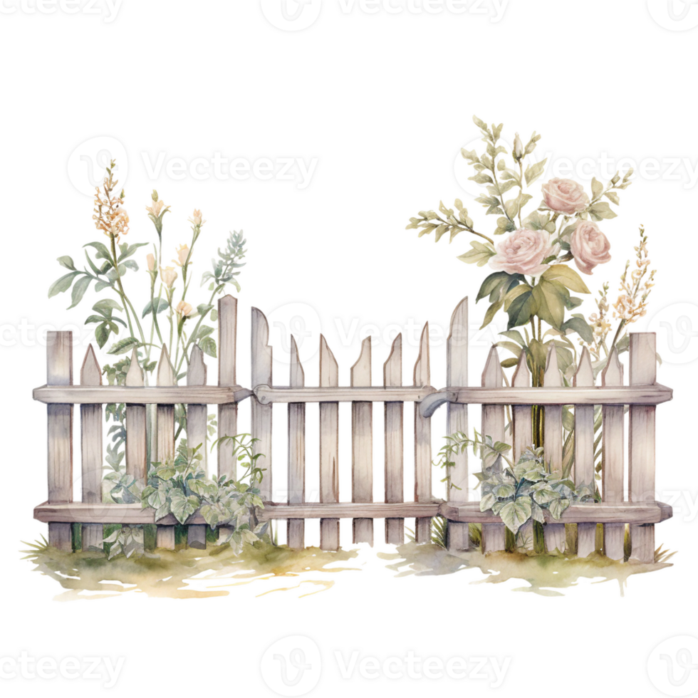 flowers in the garden fence isolated shabby chic vintage watercolor element ai generated png