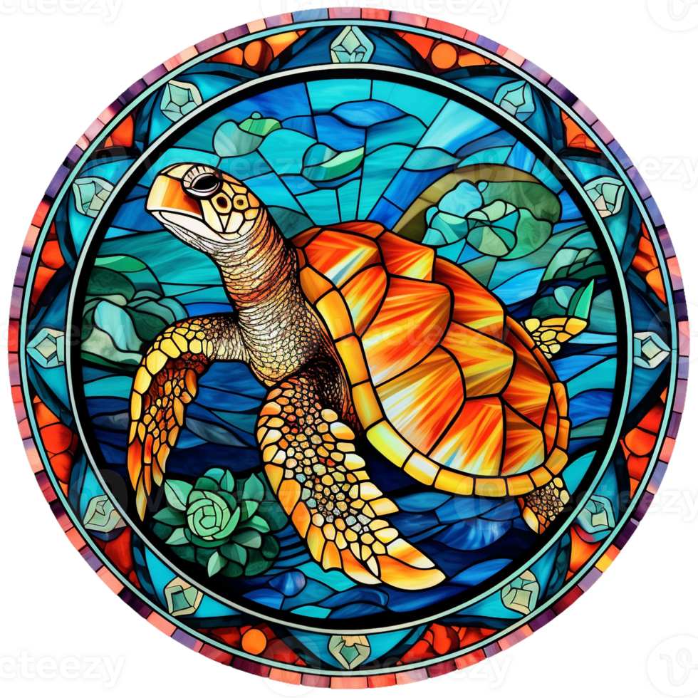 stained glass sea turtle yellow and turquoise, round shape isolated  ai generated png