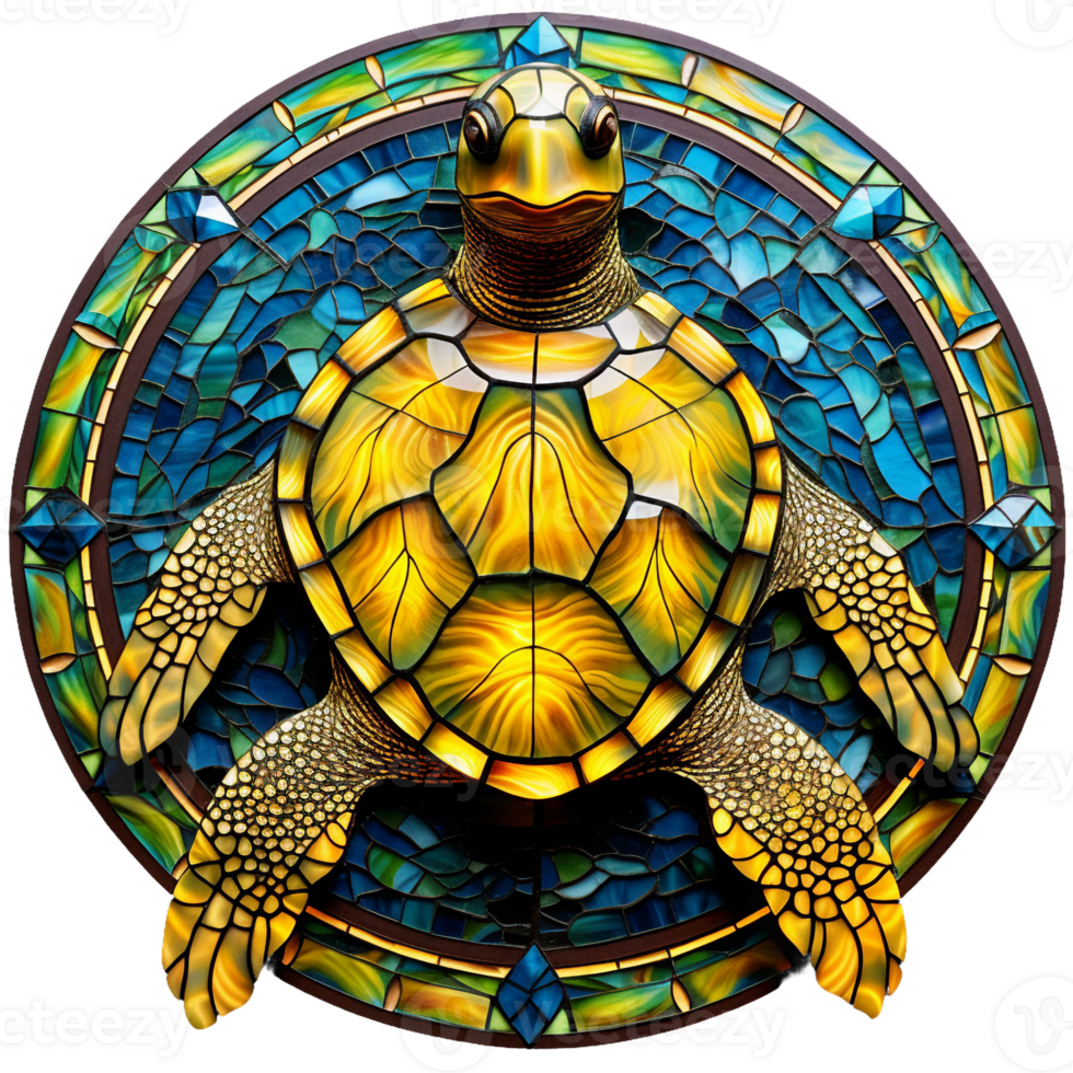 stained glass sea turtle yellow and blue, round shape isolated ai generated png