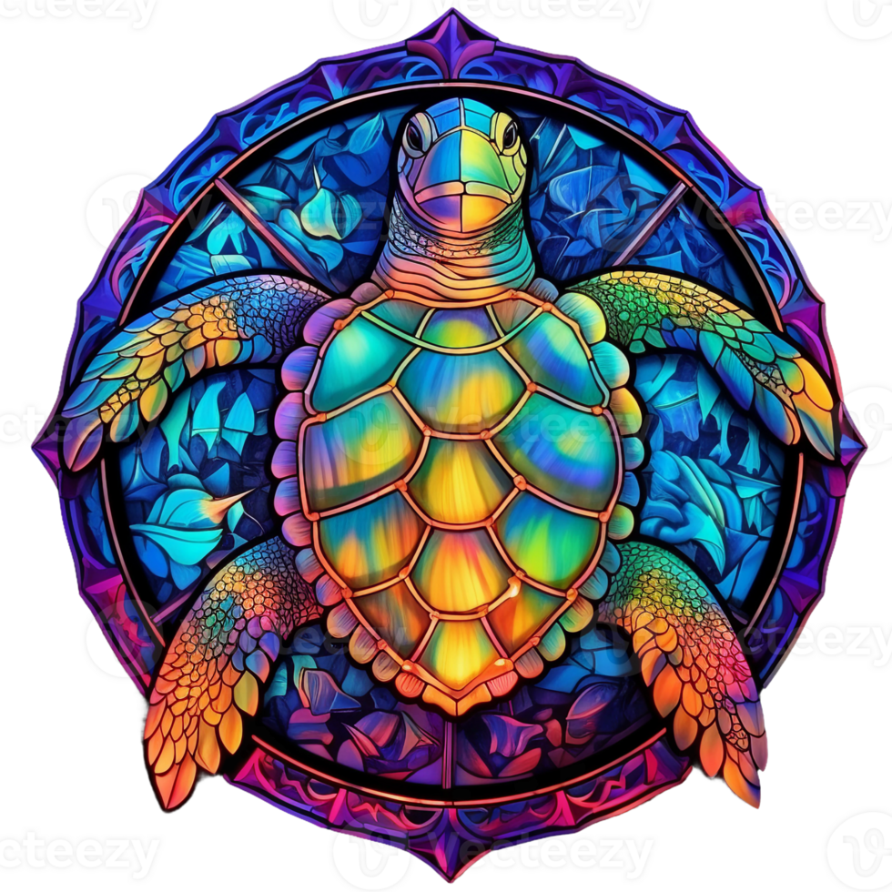stained glass sea turtle colorful iridescent, round shape isolated  ai generated png