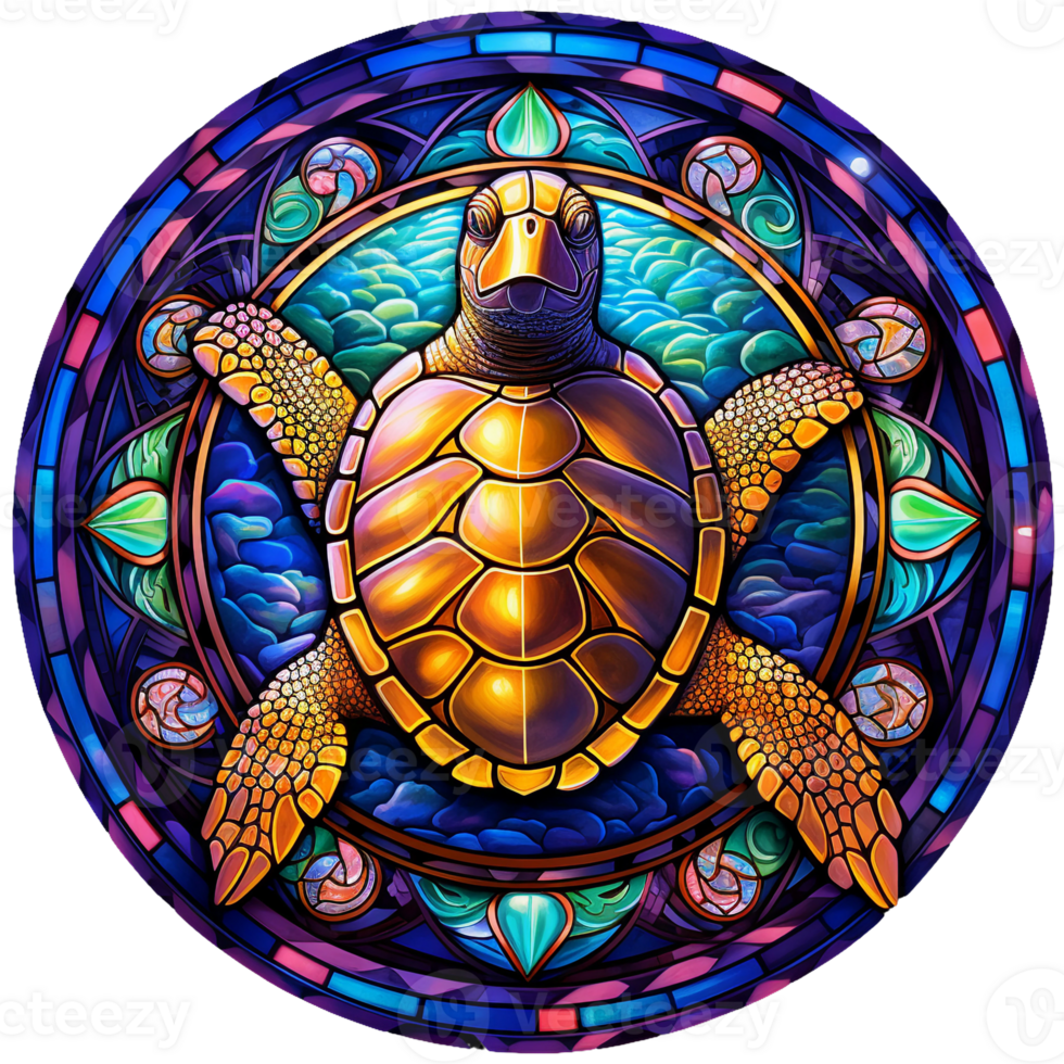 stained glass sea turtle, bright yellow and purple, round shape isolated ai generated png