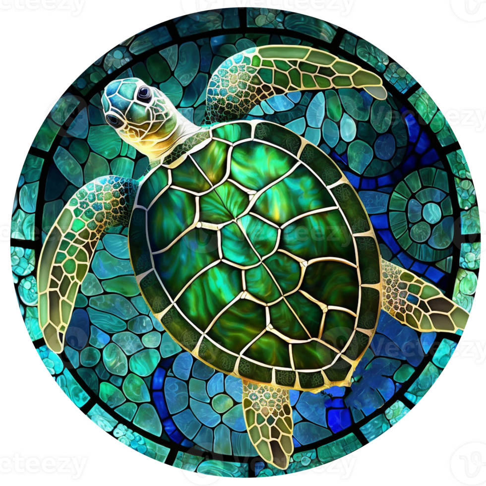 stained glass sea turtle green bright light, round shape isolated ai generated png