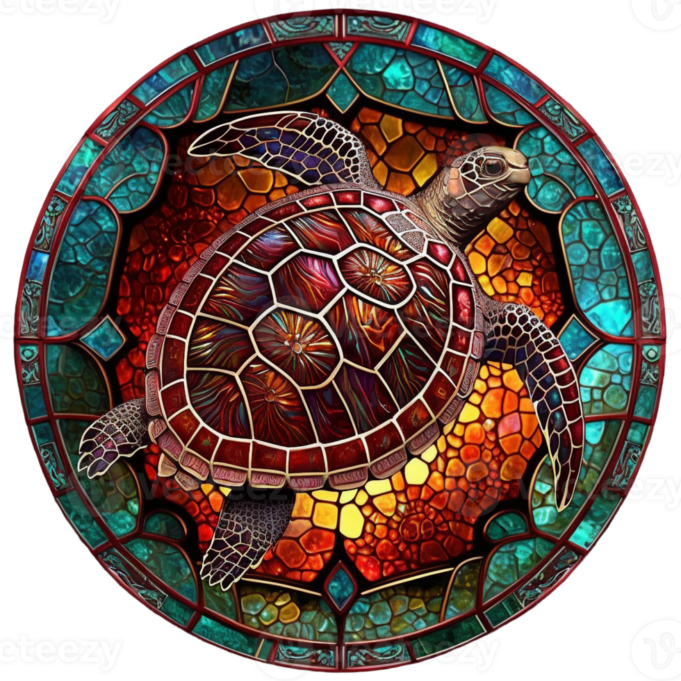 stained glass sea turtle, red and turquoise,  round shape isolated ai generated png