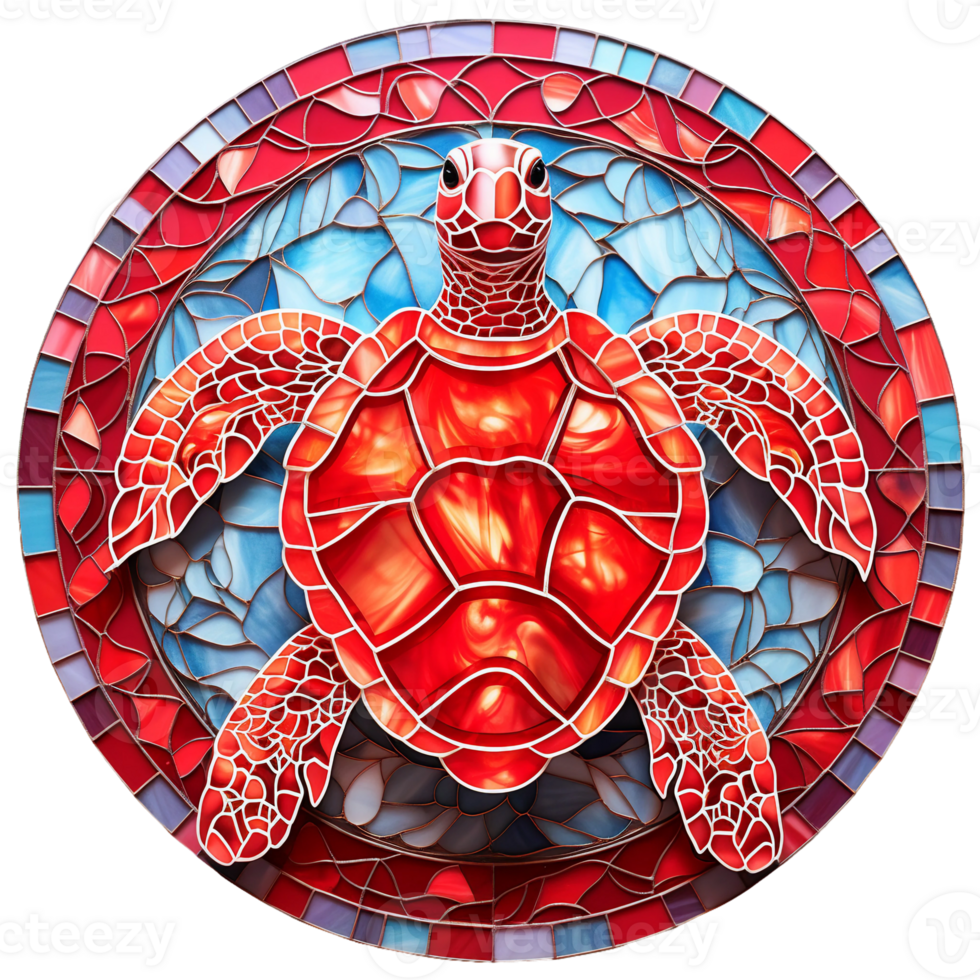 stained glass sea turtle red, bright and shiny, round shape isolated ai generated png