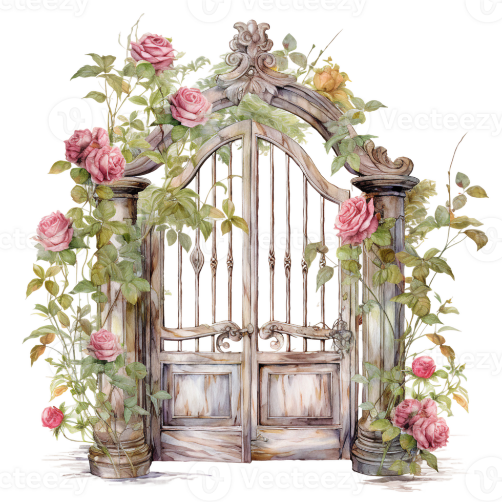 flower in a wooden gate outdoor isolated shabby chic vintage watercolor element ai generated png