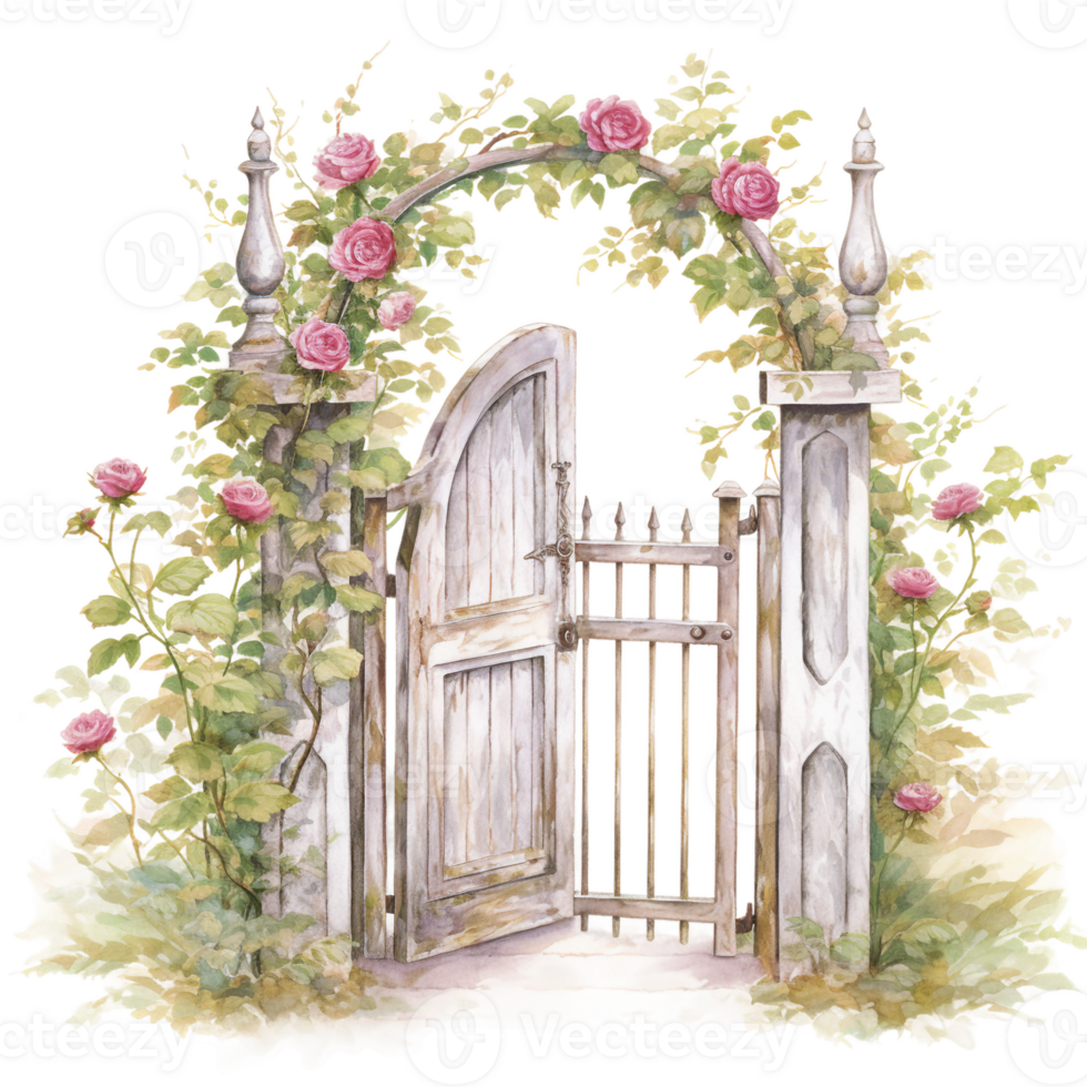 door with flowers isolated shabby chic vintage watercolor element ai generated png