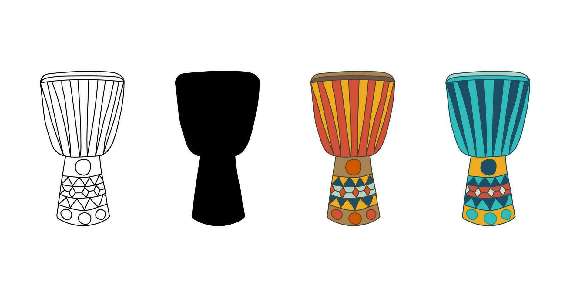 Set of African djembe drums. In color, contour, silhouette. Traditional ethnic percussion musical instrument. Isolated vector. For logo, web design, music store, clothing print, cases, stickers, tags vector